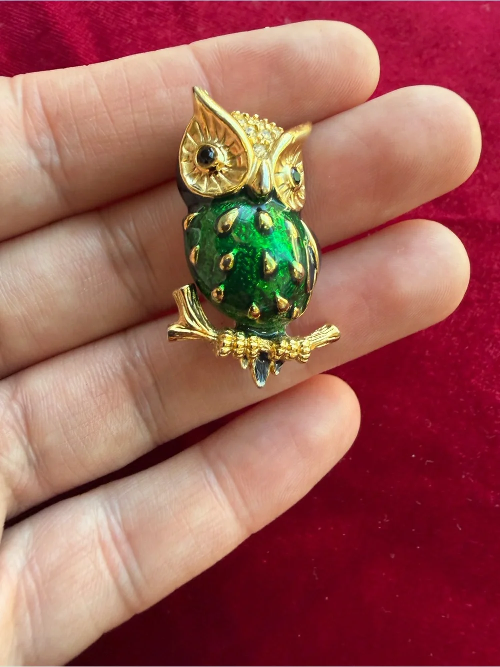 Vintage Green Enamel Owl Diamanté Brooch